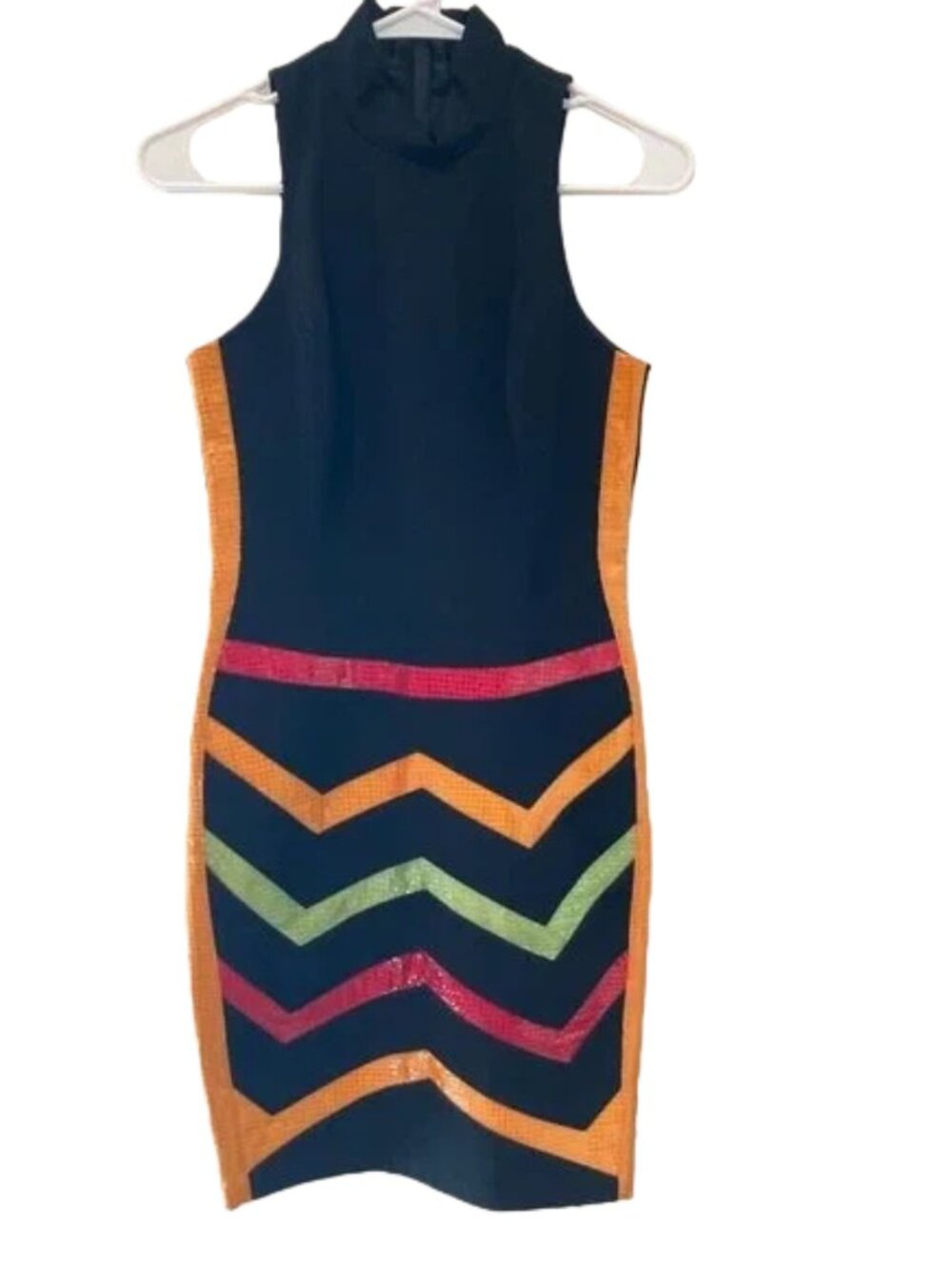 Cache Black Mini Dress with Orange, Red, and Green Chevron Accents